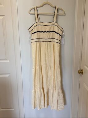 Japna Tan Cotton Maxi Dress Tiered Size XL Black Scalloped Edges NWT * flaw